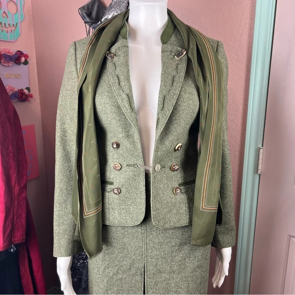 Vintage Lodenfrey Green German Austria Wool Cropped Military Jacket & Skirt Suit - Picture 8 of 16